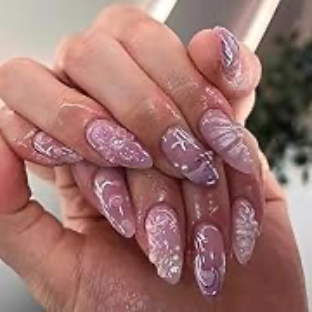 Pink And Purple 3D Pearls Medium Almond Press-On Nails